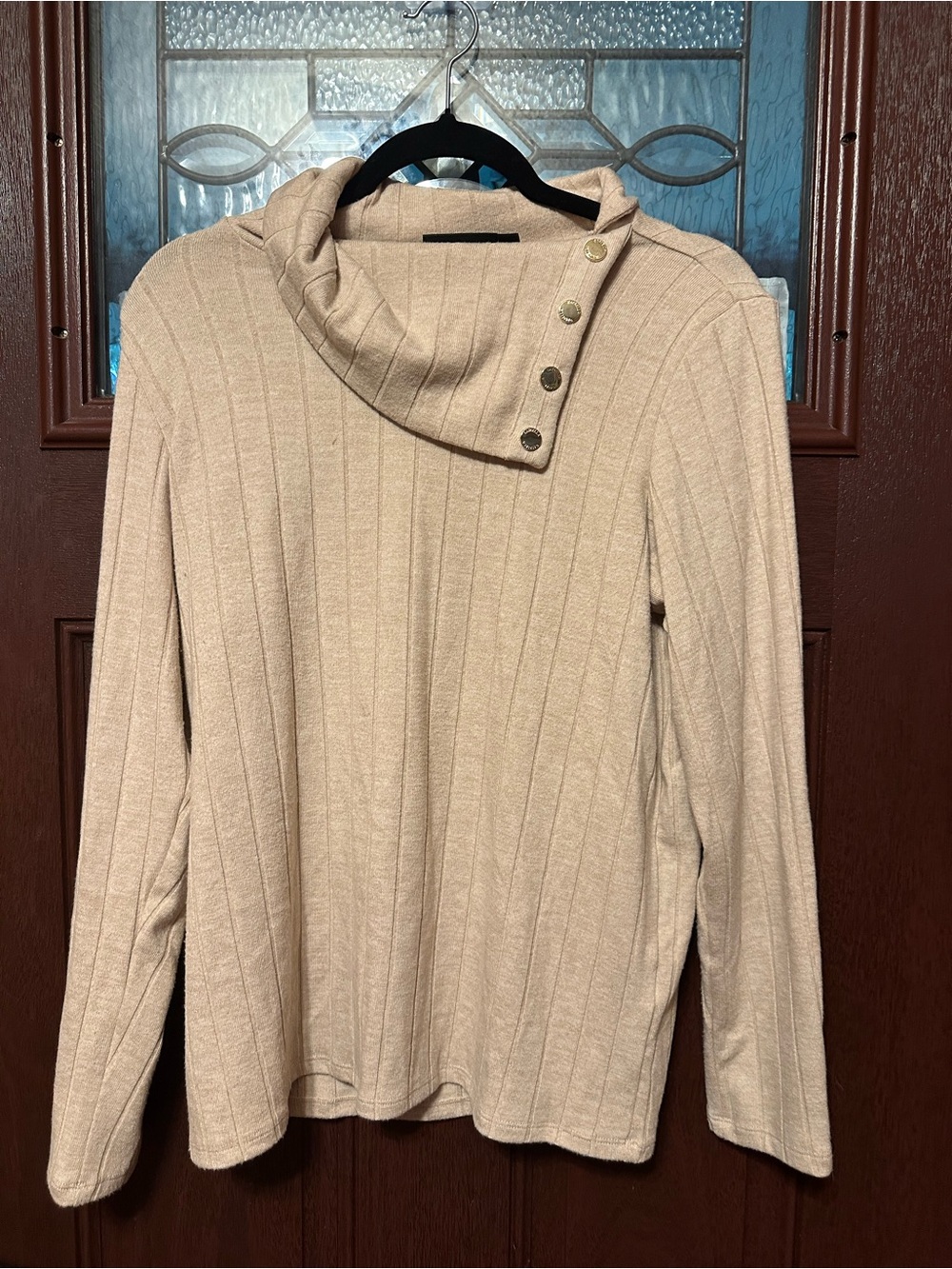 Rafaella Cream Ribbed Button Cowl Neck Sweater